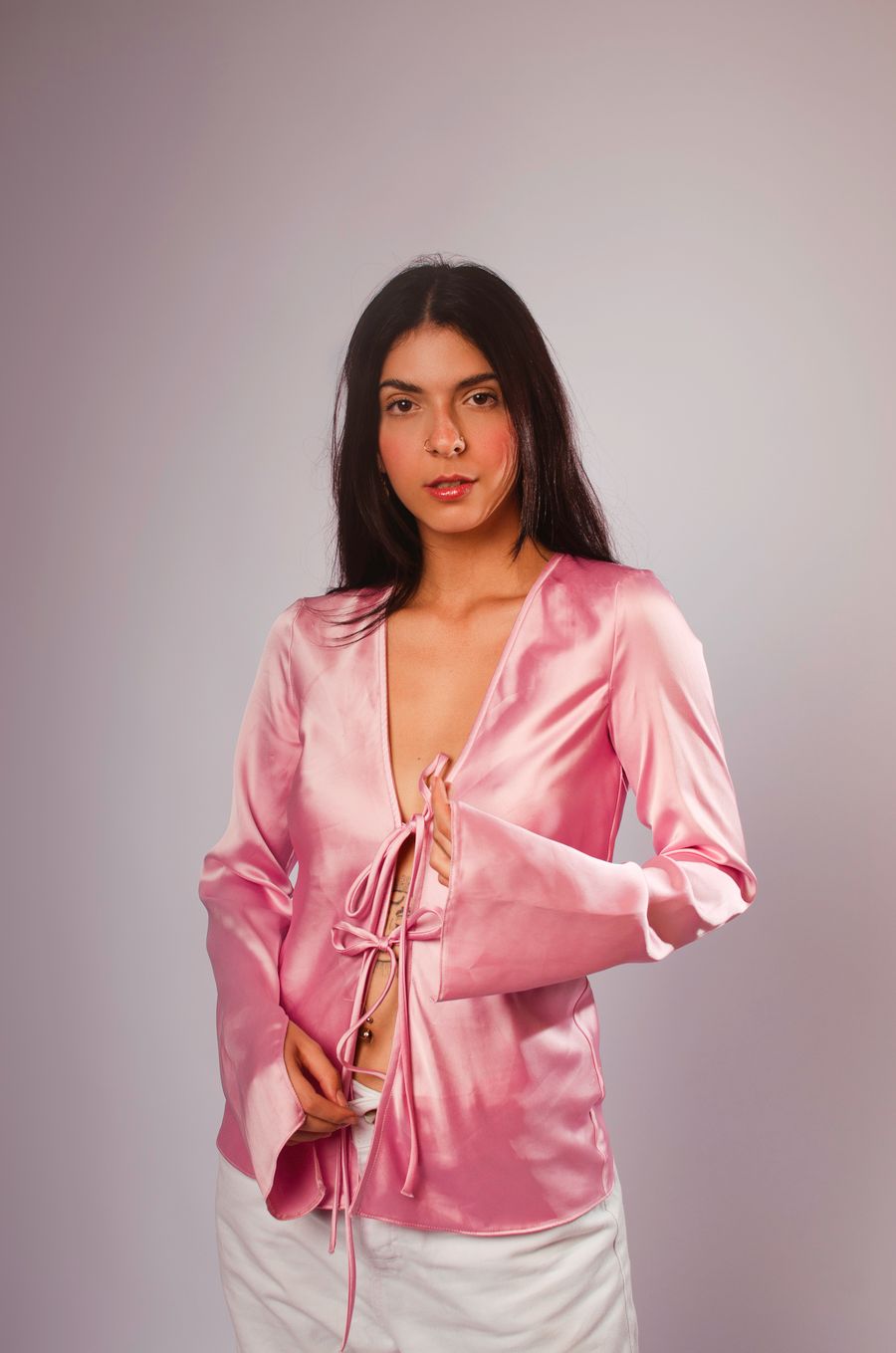 Blush Satin Scarf Blouse