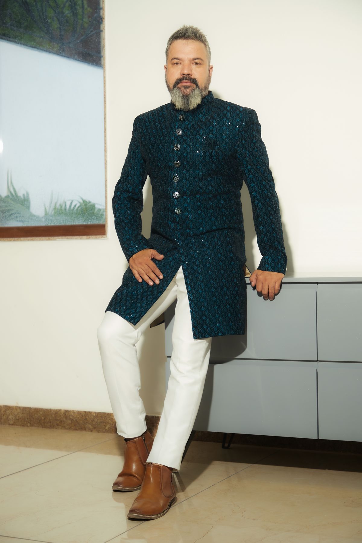 Firozi Jacquard Sherwani